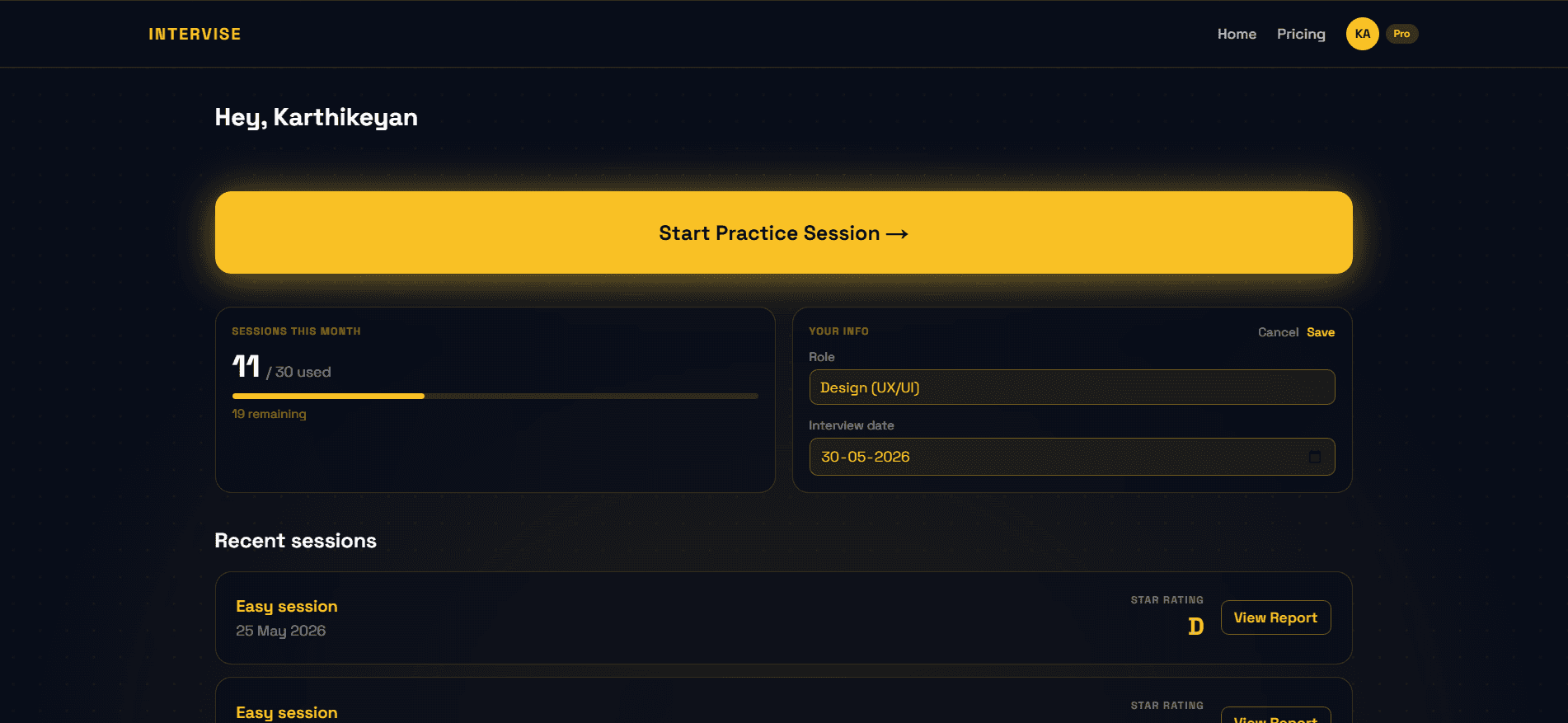 Intervise dashboard showing session quota and start button